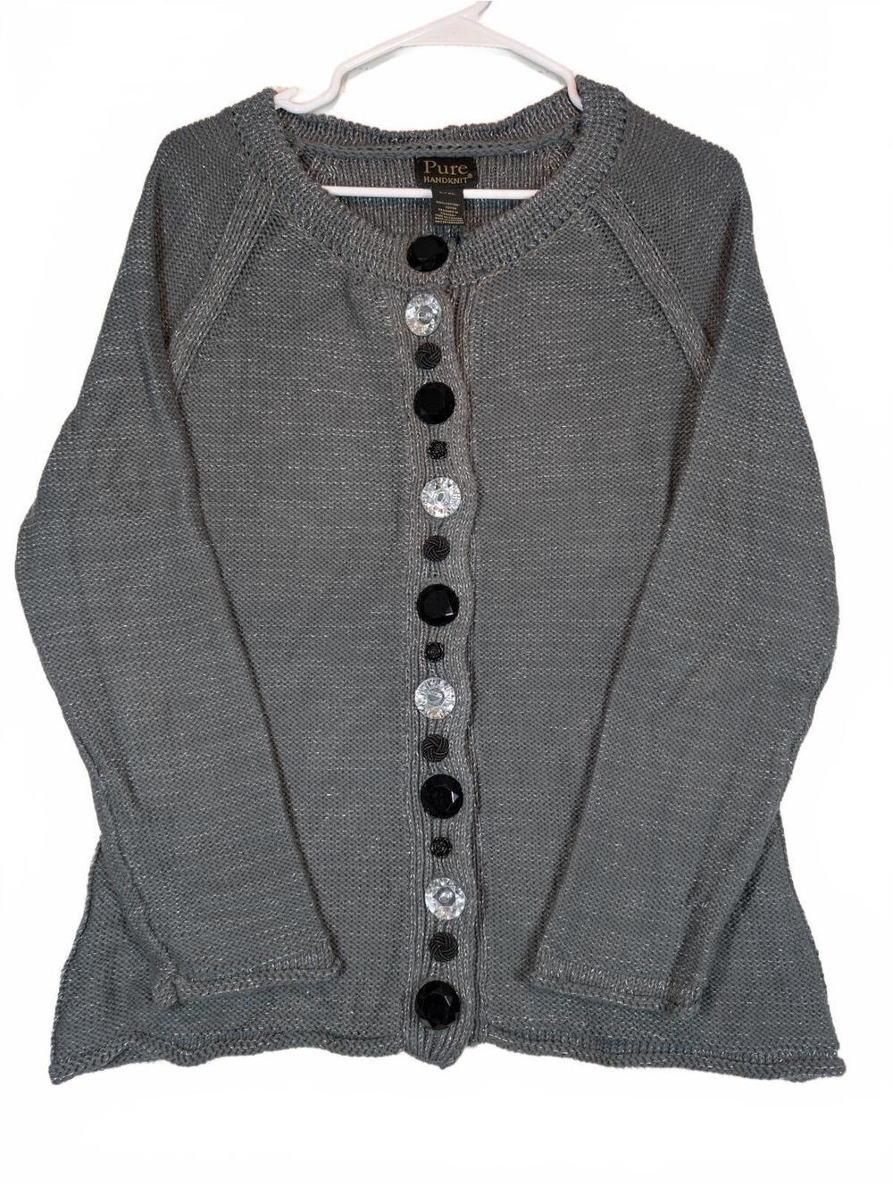 Pure Handknit Gray Metallic Knit Jewel Button Open Cardigan Sweater Womens L/XL